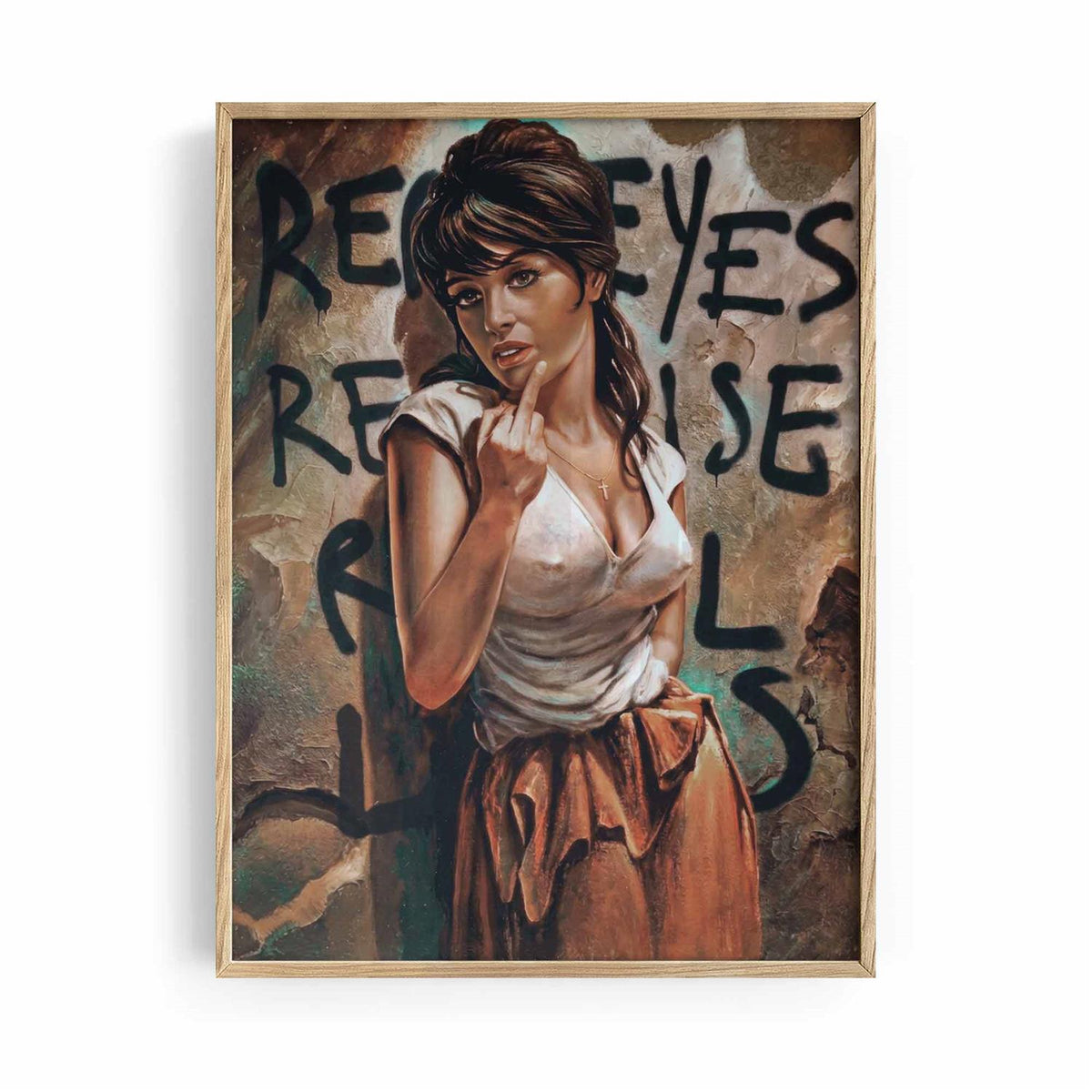 Real Eyes, Real Lies oak framed fashion-inspired portrait print for stylish mid-century interiors | After Hours Gallery
