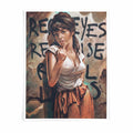 Real Eyes, Real Lies altered vintage portrait wall art featuring street art typography in warm beige, chestnut brown and black | After Hours Gallery