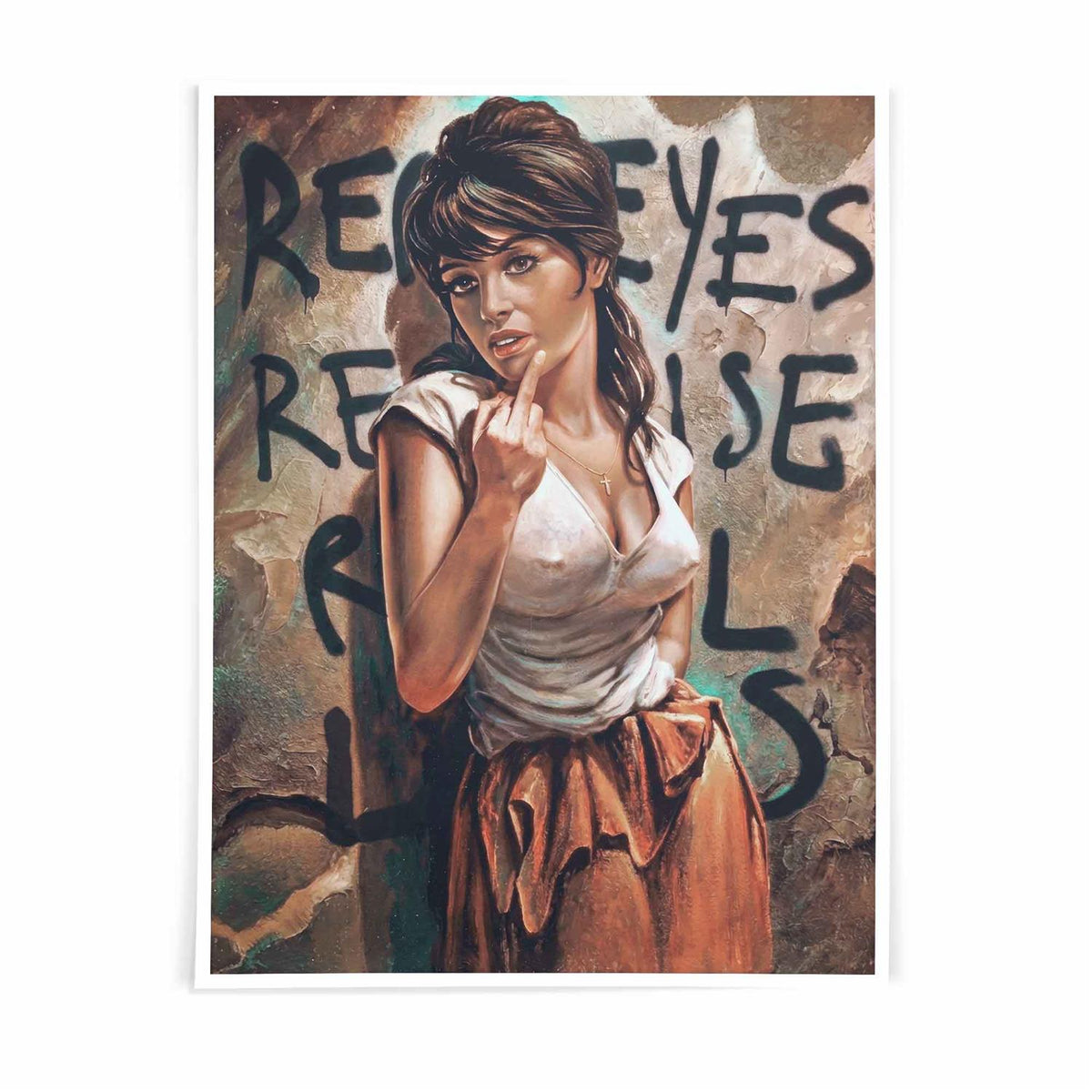 Real Eyes, Real Lies altered vintage portrait wall art featuring street art typography in warm beige, chestnut brown and black | After Hours Gallery