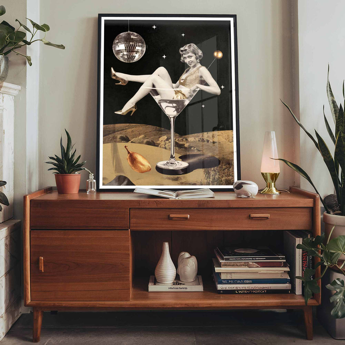 Cosmic chic collage framed print ? retro girl, celestial background, and psychedelic design.