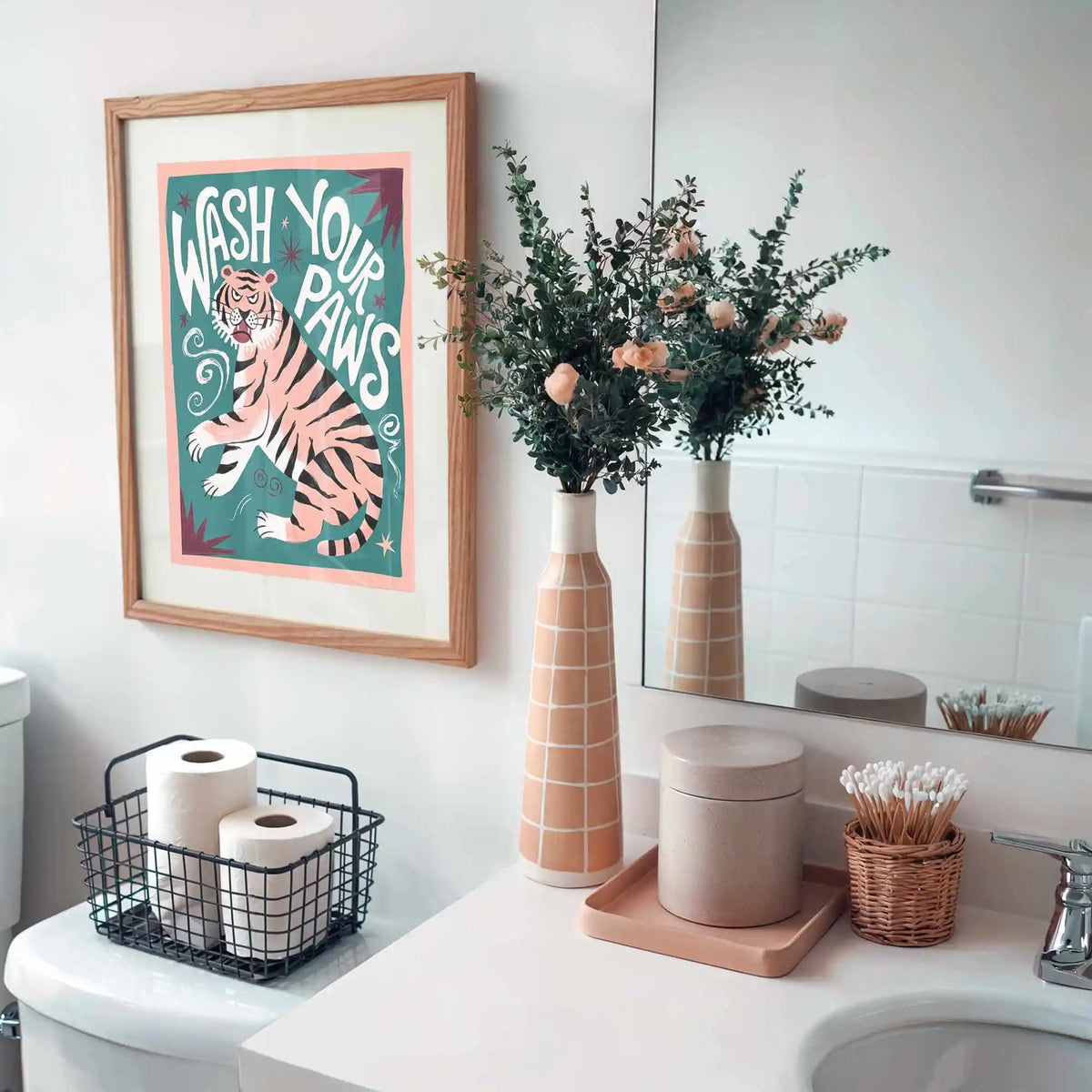 Wash Your Paws beige and black bathroom wall art in modern family interior by Afterhours Gallery