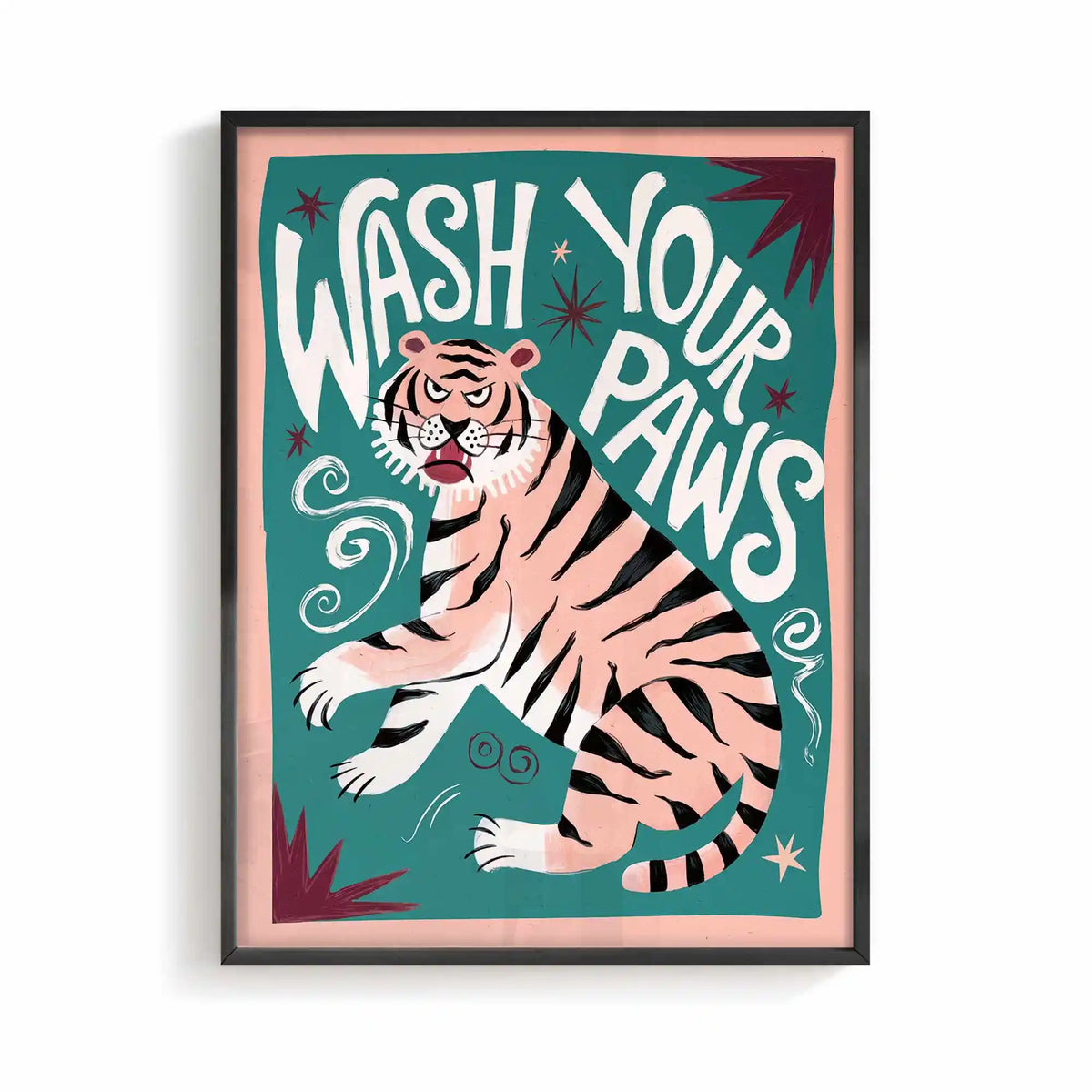 Wash Your Paws beige and black framed bathroom wall art for minimalist interiors by Afterhours Gallery