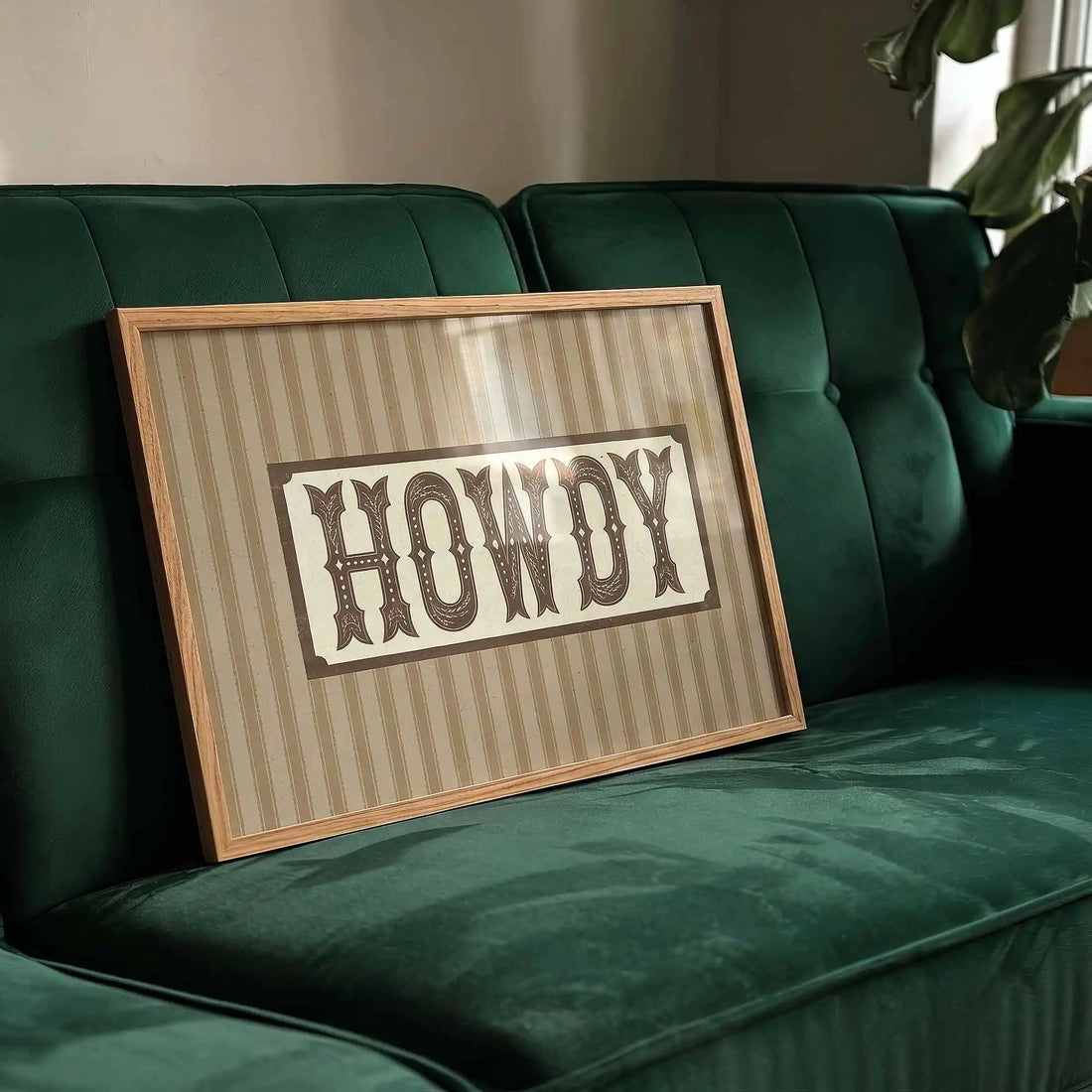 Howdy western typography wall art print with vintage cowboy lettering and rustic Americana design