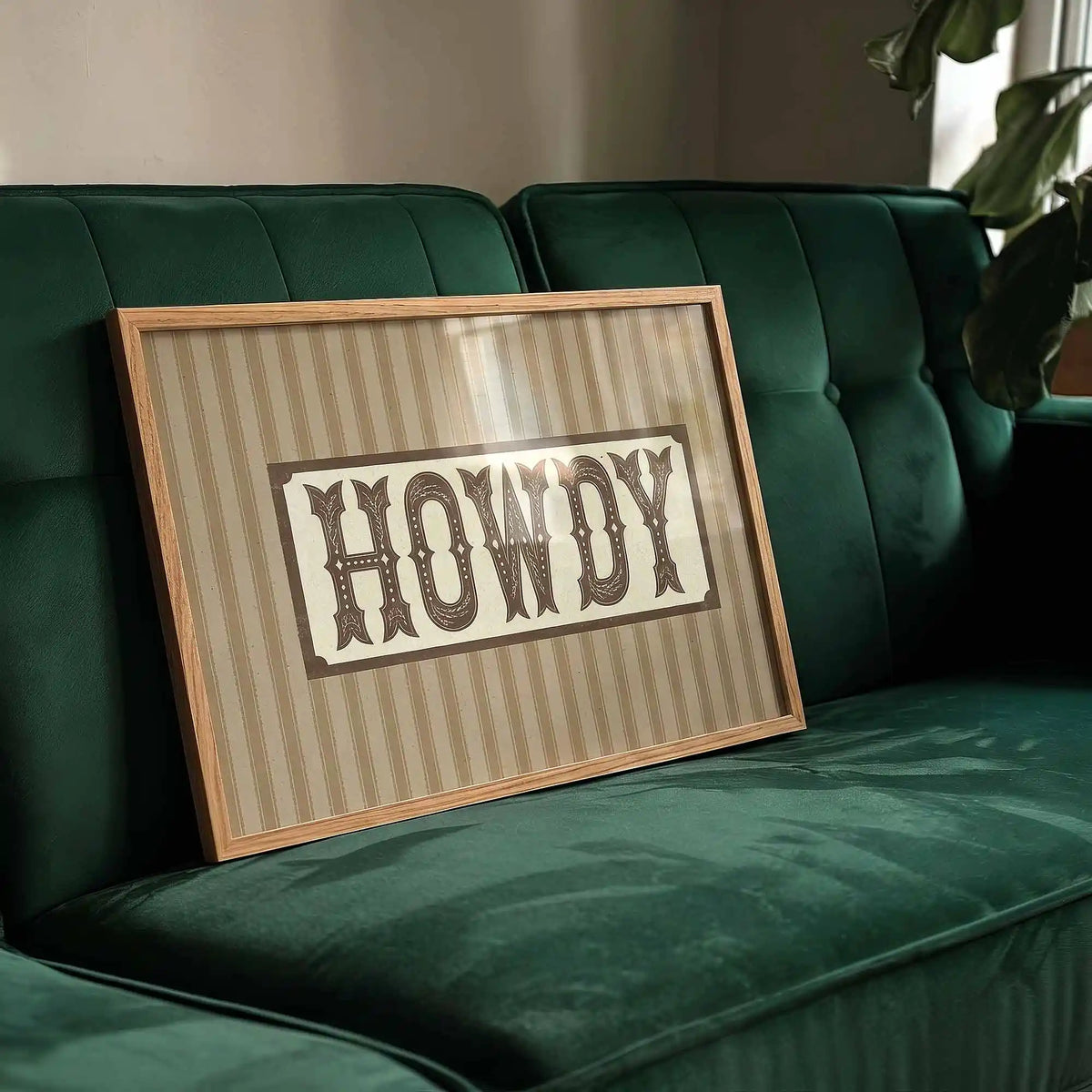 Howdy western typography framed wall art with vintage cowboy lettering