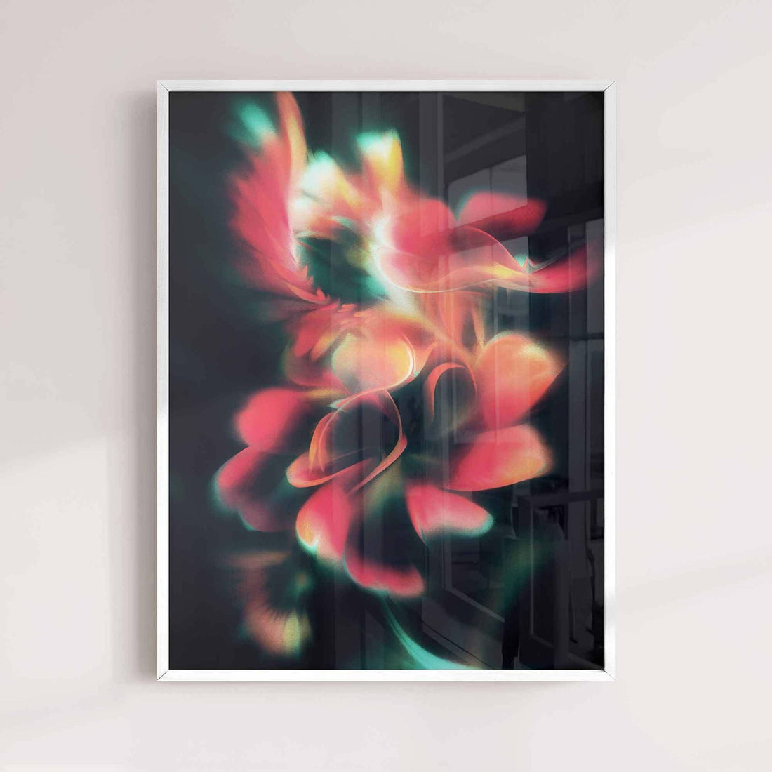 Held in Light is a dreamy blurred floral art print featuring soft-focus botanicals and ethereal light. Modern wall art for ca