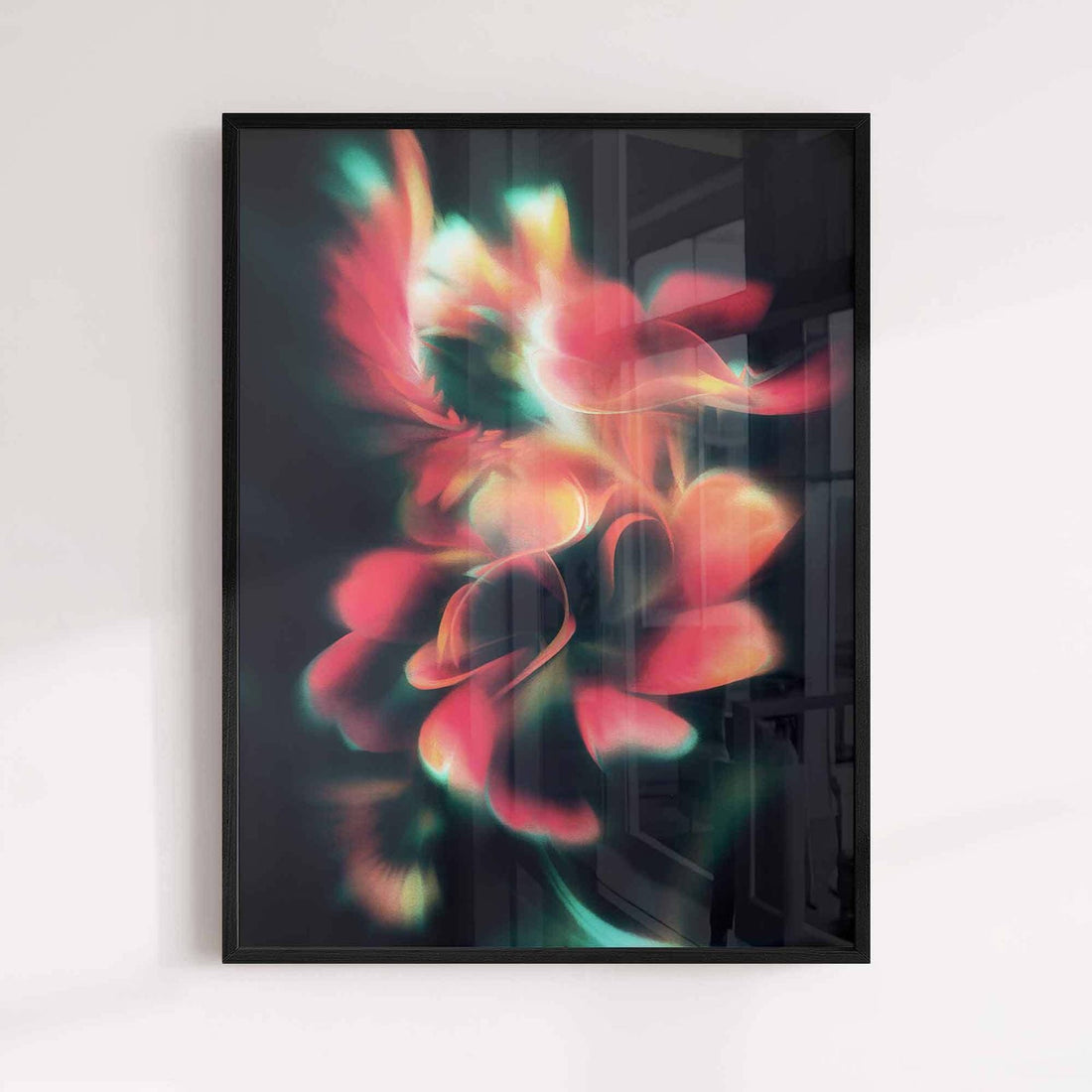 Held in Light is a dreamy blurred floral art print featuring soft-focus botanicals and ethereal light. Modern wall art for ca