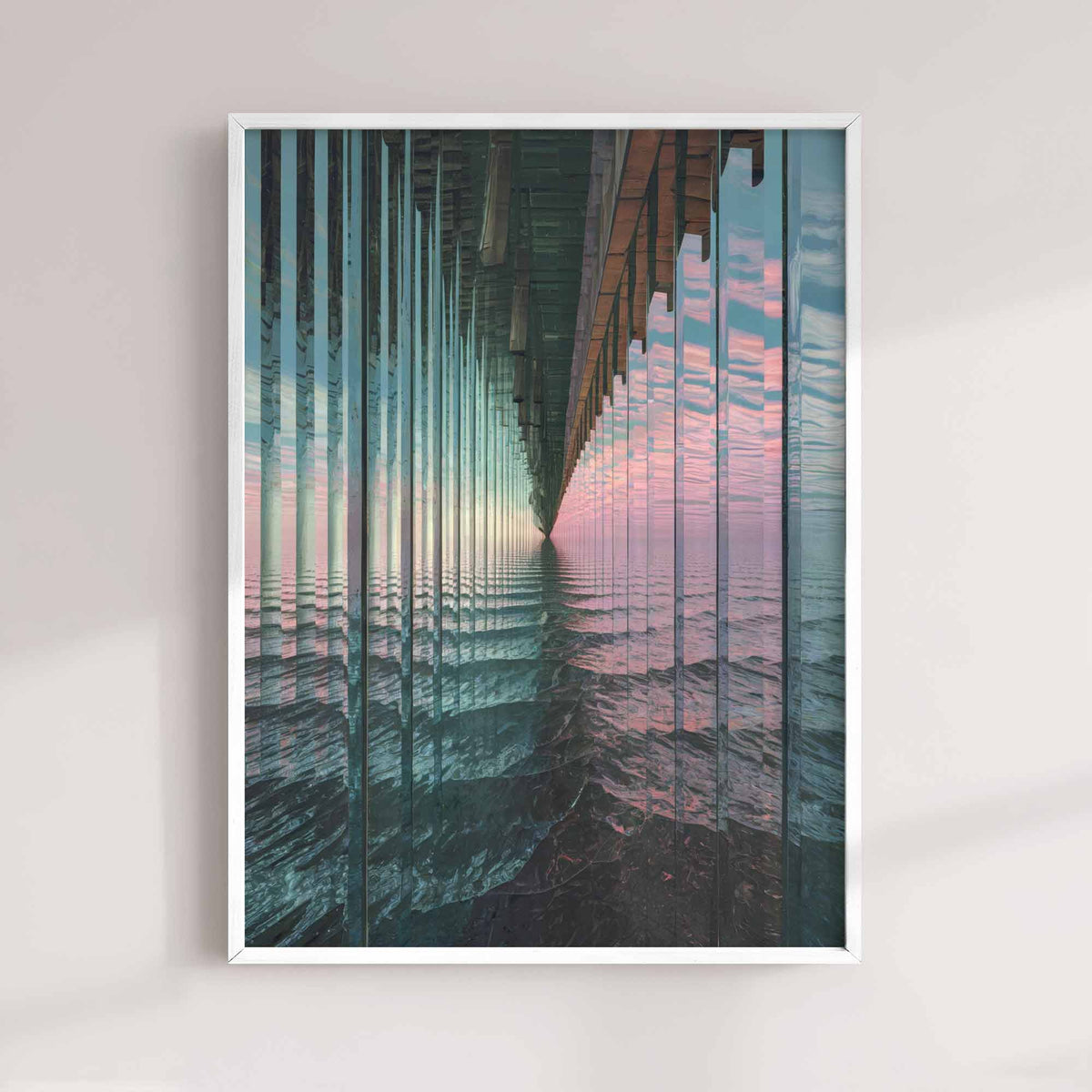 Surreal abstract seascape art print with visible horizon and sea refracted through glass textures and reflective surfaces