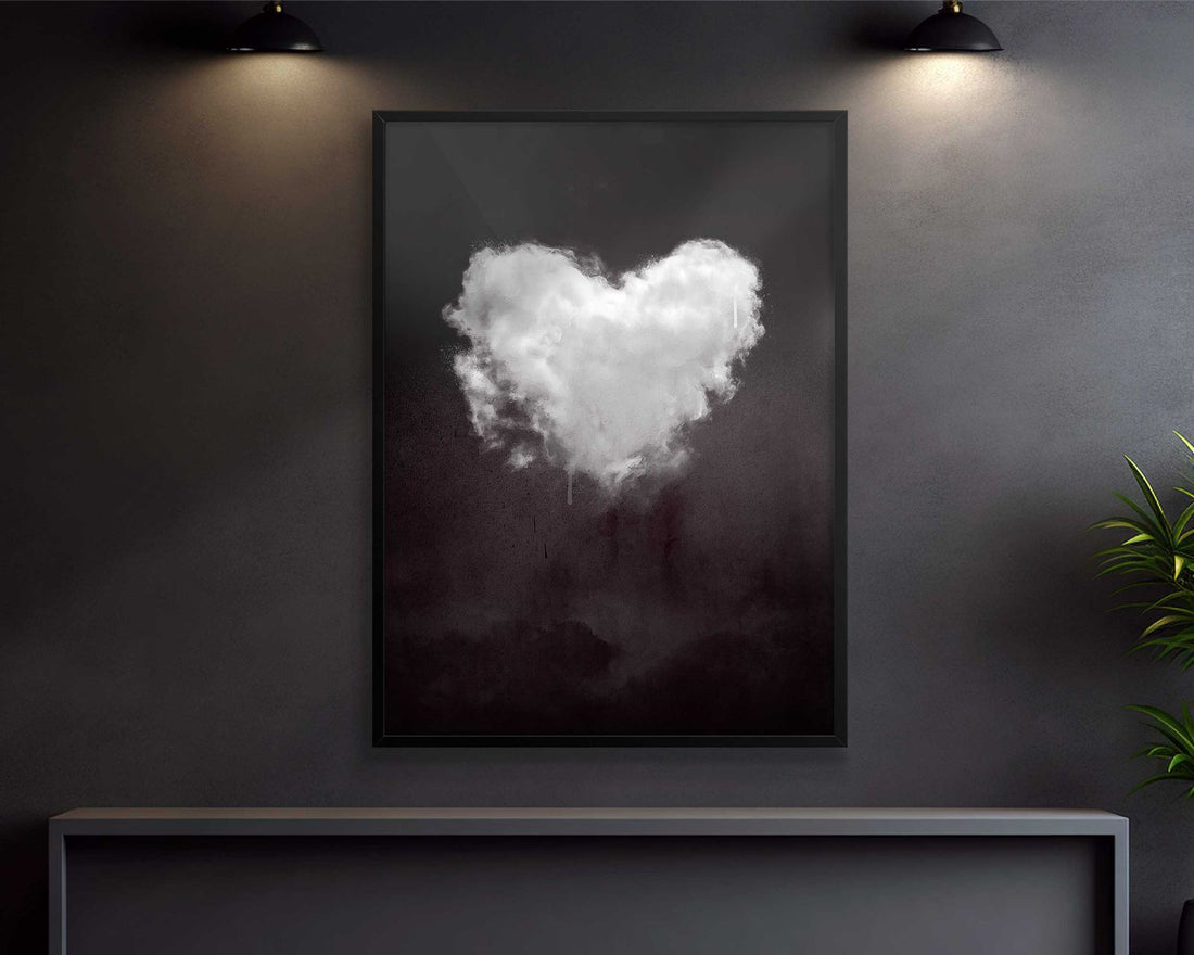 Framed artwork of a heart-shaped cloud on a dark background - black frame