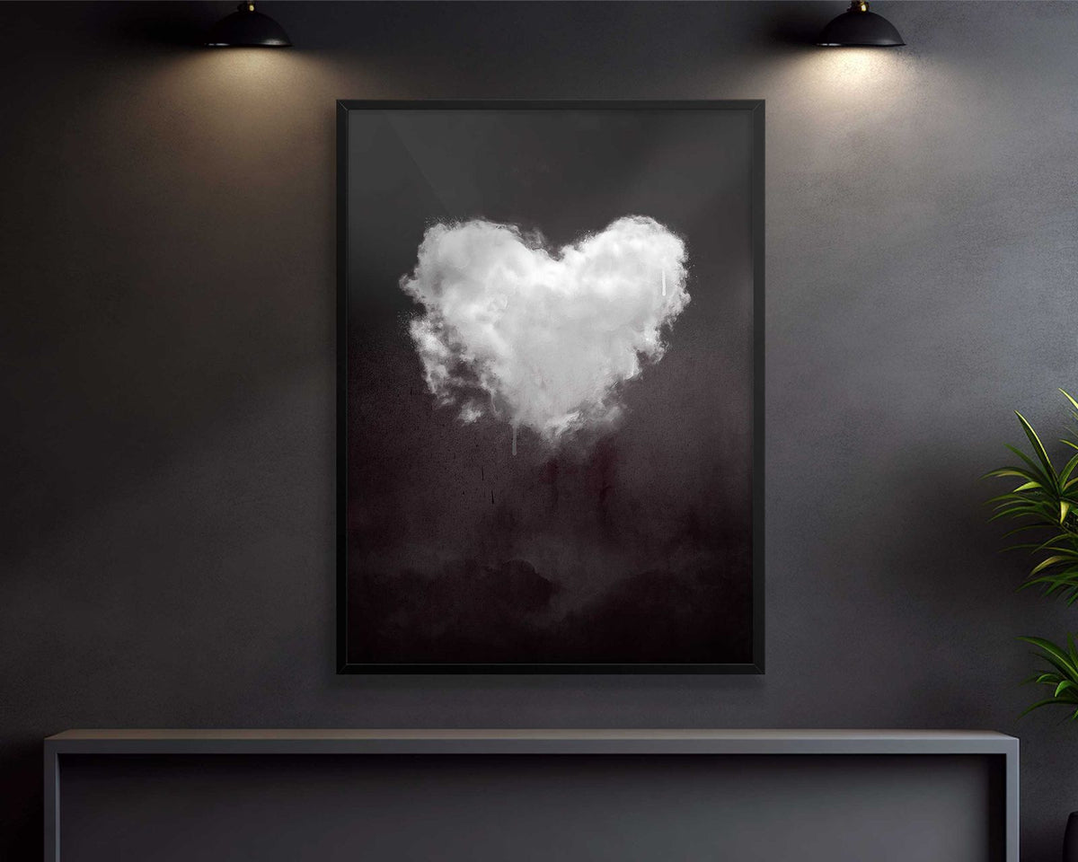 Heart-shaped cloud artwork on a dark wall with two lights illuminating the scene - dark frame