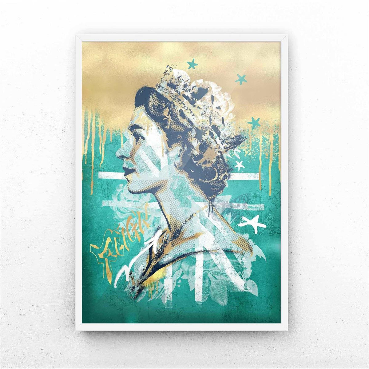 Framed artwork of queen elizabeth's face with abstract elements on a white wall.