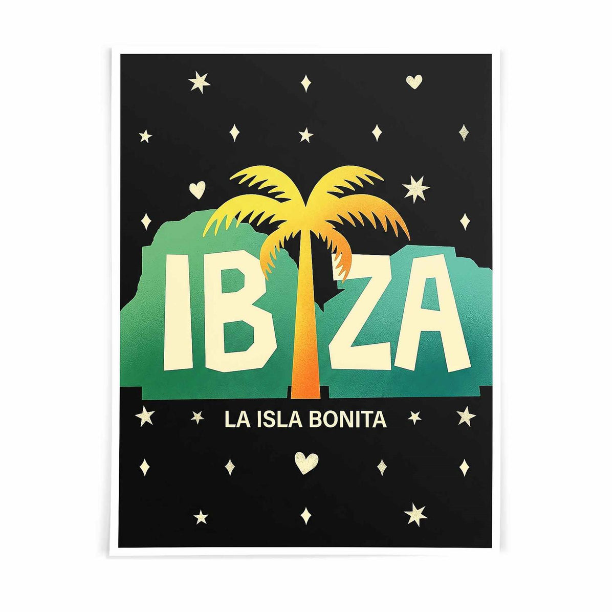 La Isla Bonita Ibiza wall art featuring retro travel poster design in turquoise, coral and Mediterranean coastal colours | After Hours Gallery