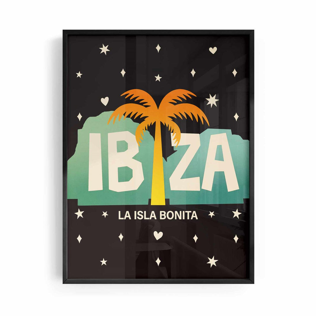 La Isla Bonita black framed Ibiza travel poster displayed in a contemporary living room | After Hours Gallery