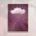 Framed artwork of a white cloud on a purple background natural/oak frame