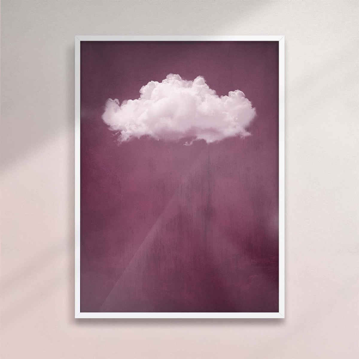 Framed artwork of a white cloud on a purple background - White frame