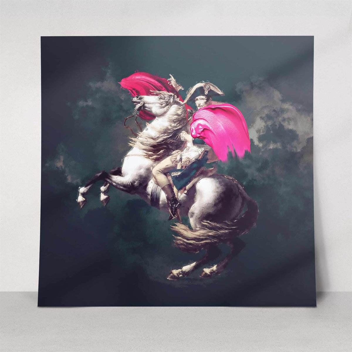 Framed artwork of a rearing horse with pink wings against a dark background - print only