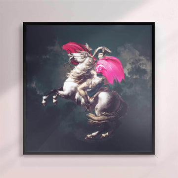 Framed artwork of a person riding a rearing horse with pink accents on a dark background - black frame