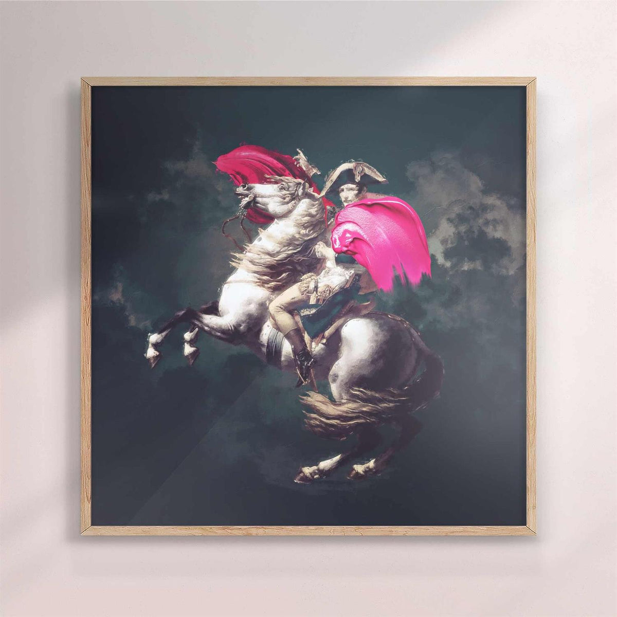 Framed artwork of a rearing horse with a person on it against a dark background - oak/natural frame