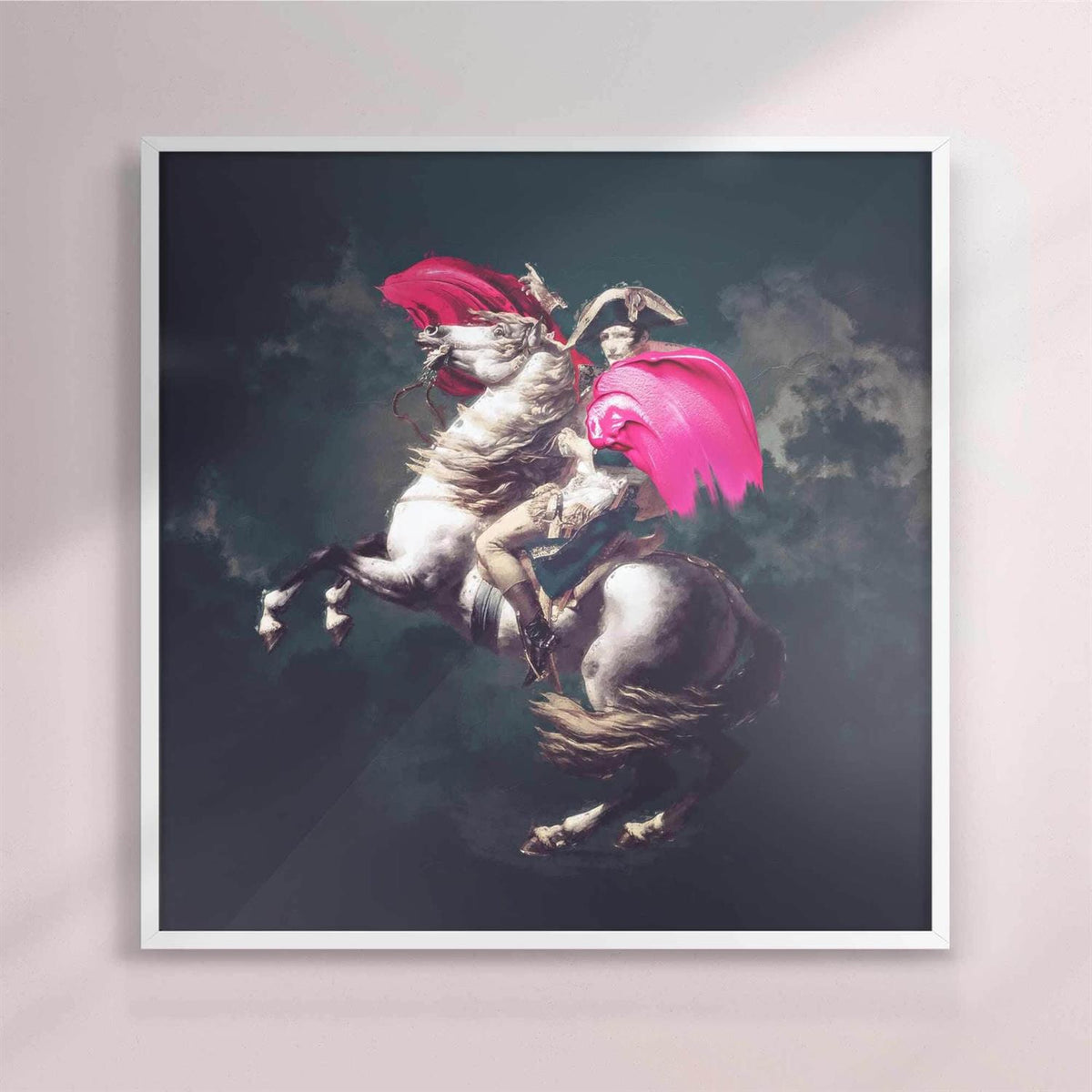 Framed artwork of a person riding a rearing horse with pink accents on a dark background - white frame