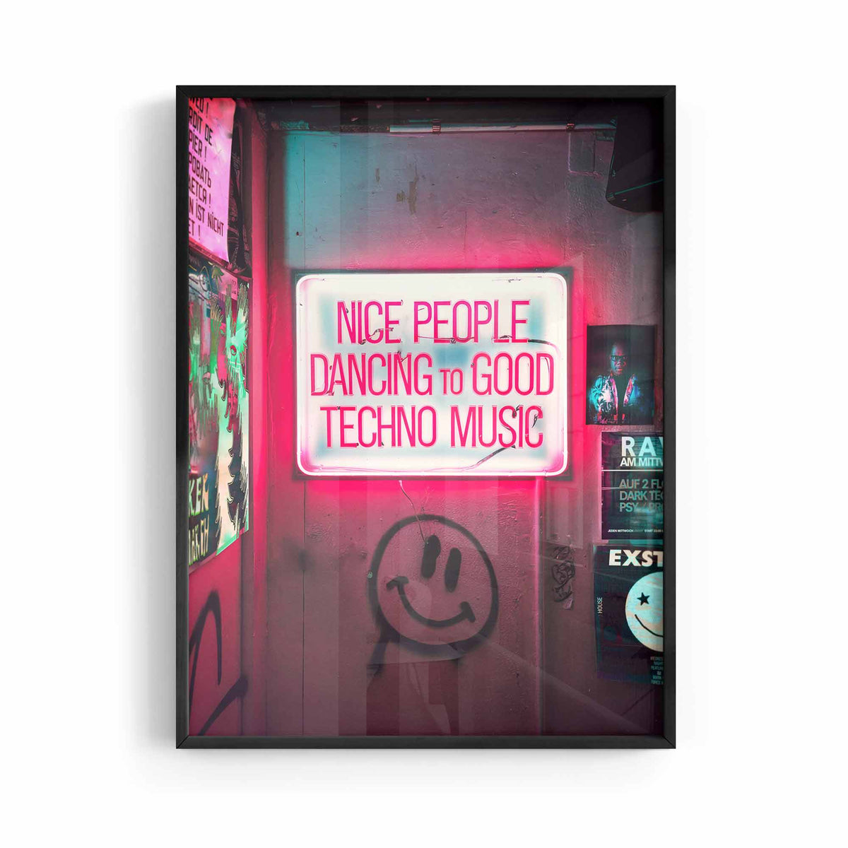Nice People Dancing to Techno Music pink and black framed wall art for industrial interiors by Afterhours Gallery