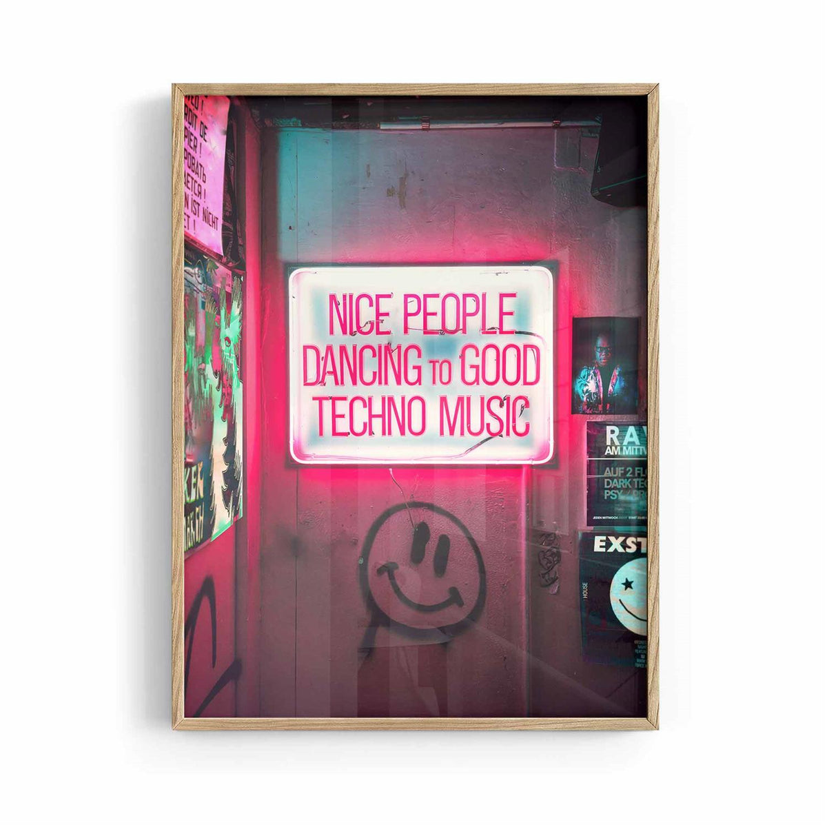 Nice People Dancing to Techno Music pink and black oak framed music wall art for mid century interiors by Afterhours Gallery