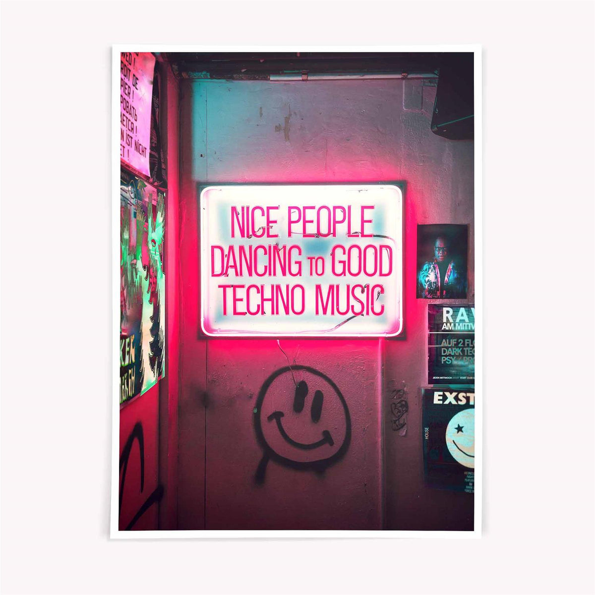 Nice People Dancing to Techno Music pink and black techno poster for retro modern interiors by Afterhours Gallery