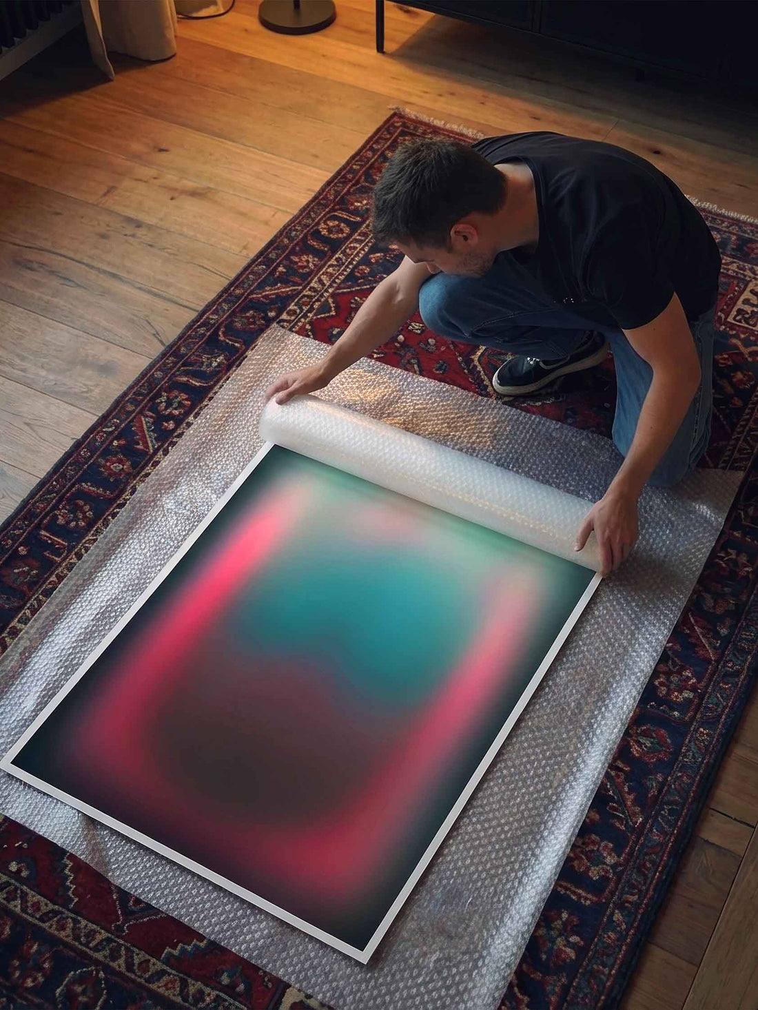 Trendy Abstract Glow Gradient blue and pink framed abstract wall art for luxury interiors by Afterhours Gallery