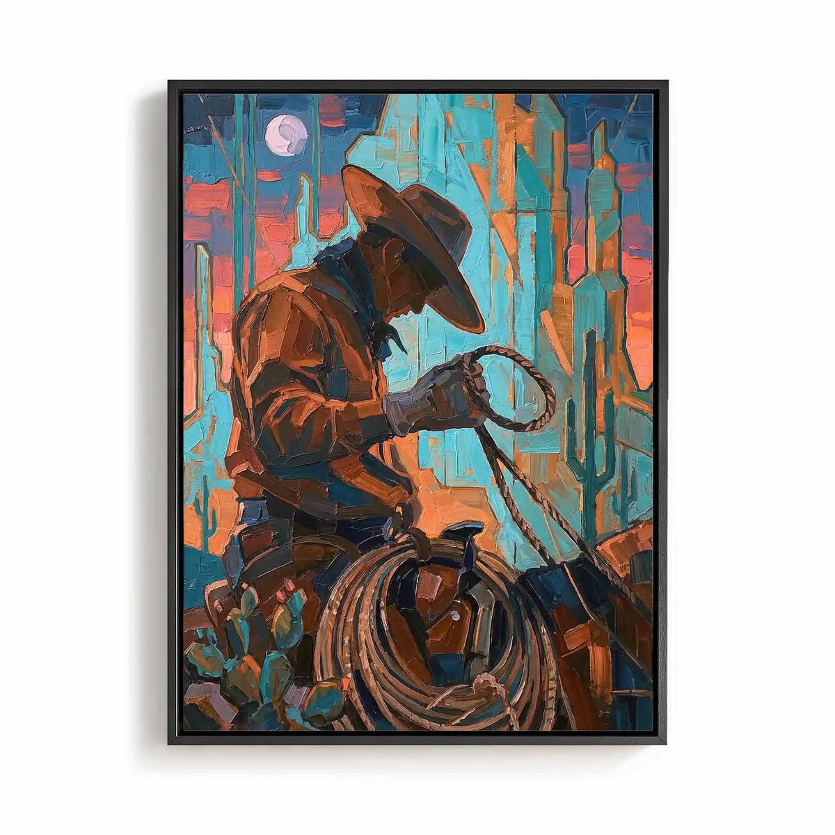 Sunset Rider orange and beige framed cowboy canvas for modern rustic interiors by Afterhours Gallery