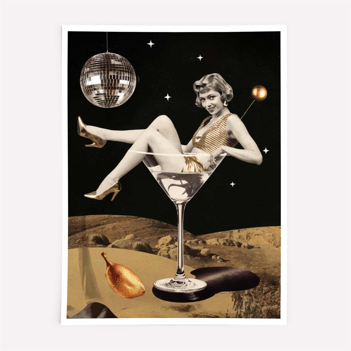 Artistic collage of a woman sitting inside a martini glass on a moon surface with disco ball and stars.
